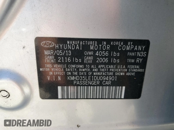 2013 Hyundai Elantra z VIN KMHD35LE1DU094901, wystawiony jako Copart lot #55686685 z przebiegiem 107 319 mil mil oraz Szkoda całkowita • Salvage title. Historia ofert i sprzedaży dostępna na DreamBid. Obrazek 14.
