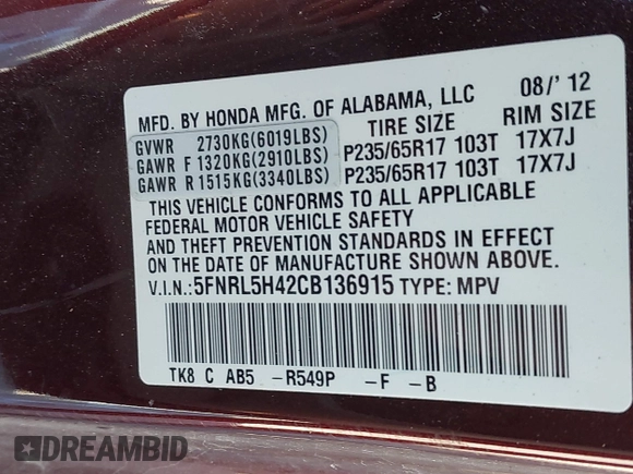 2012 Honda Odyssey EX with VIN 5FNRL5H42CB136915, listed as a IAAI auction lot 41972714 with 211,729 mi miles and . Bid and sale history available at carsss.com. Image 9.