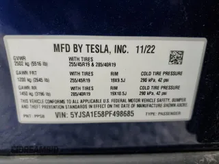 2023 Tesla Model S with VIN 5YJSA1E58PF498685, listed as a Copart auction lot 41690475 with Not provided miles and Salvage title. Bid and sale history available at DreamBid. Image 13.