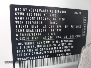 2017 Volkswagen Tiguan S with VIN WVGAV7AX8HK046181, listed as a IAAI auction lot 42493160 with 65,609 mi miles and . Bid and sale history available at DreamBid. Image 9.