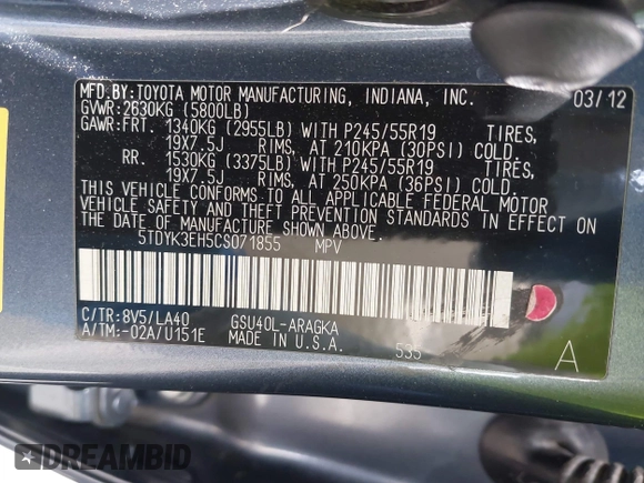 2012 Toyota Highlander Limited с VIN 5TDYK3EH5CS071855, выставлен на аукционе IAAI как лот 42141212 с пробегом 135 488 миль миль и . История ставок и продаж доступна на DreamBid. Изображение 9.
