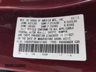 2013 Honda Accord Sdn EX-L with VIN 1HGCR2F88DA121565, listed as a IAAI auction lot 40155535 with 128,733 mi miles. Bid and sale history available at carsss.com. Image 9.