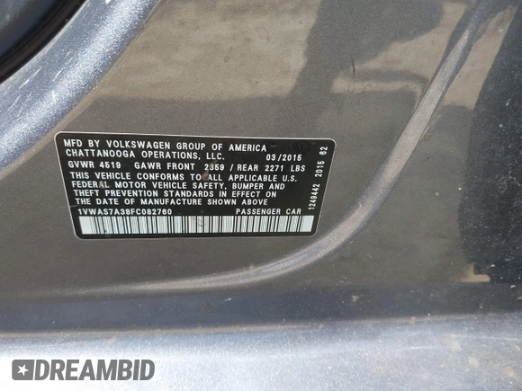 2015 Volkswagen Passat S with VIN 1VWAS7A38FC082760, listed as a IAAI auction lot 42156013 with 199,450 mi miles and . Bid and sale history available at DreamBid. Image 9.