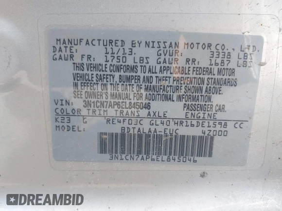 2014 Nissan Versa SV with VIN 3N1CN7AP6EL845046, listed as a IAAI auction lot 41799496 with 101,473 mi miles and . Bid and sale history available at carsss.com. Image 9.