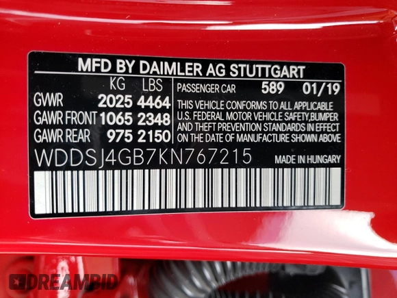 2019 Mercedes-Benz CLA 250 with VIN WDDSJ4GB7KN767215, listed as a Copart auction lot 72575703 with 58,953 mi miles and . Bid and sale history available at DreamBid. Image 14.