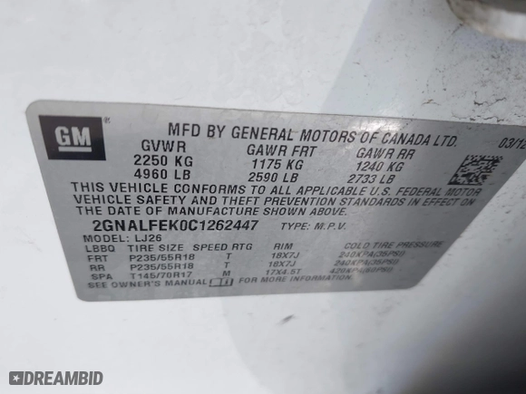 2012 Chevrolet Equinox LTZ with VIN 2GNALFEK0C1262447, listed as a IAAI auction lot 41643221 with 114,514 mi miles. Bid and sale history available at carsss.com. Image 9.