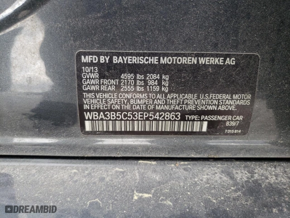2014 BMW 3 Series 328i xDrive with VIN WBA3B5C53EP542863, listed as a Copart auction lot 49321575 with 138,842 mi miles and Salvage Title. Bid and sale history available at carsss.com. Image 13.