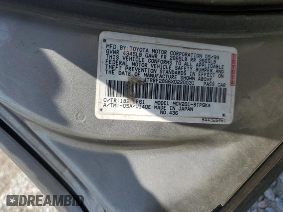 1999 Lexus ES 300 z VIN JT8BF28G6X0220031, wystawiony jako Copart lot #57346835 z przebiegiem Nie podano mil oraz Szkoda całkowita • Salvage title. Historia ofert i sprzedaży dostępna na DreamBid. Obrazek 12.
