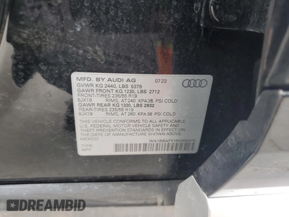 2024 Audi Q5 Premium Plus z VIN WA1BBAFY1R2000476, wystawiony jako Copart lot #84108294 z przebiegiem 11 209 mil mil oraz Szkoda całkowita • Salvage title. Historia ofert i sprzedaży dostępna na DreamBid. Obrazek 14.