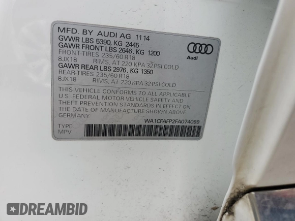 2015 Audi Q5 Premium with VIN WA1CFAFP2FA074099, listed as a Copart auction lot 48796685 with 102,880 mi miles and Salvage Title. Bid and sale history available at carsss.com. Image 15.