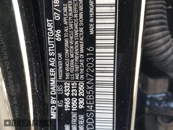 2019 Mercedes-Benz CLA with VIN WDDSJ4EB5KN720316, listed as a Copart auction lot 41435813 with 59,216 mi miles. Bid and sale history available at carsss.com. Image 12.
