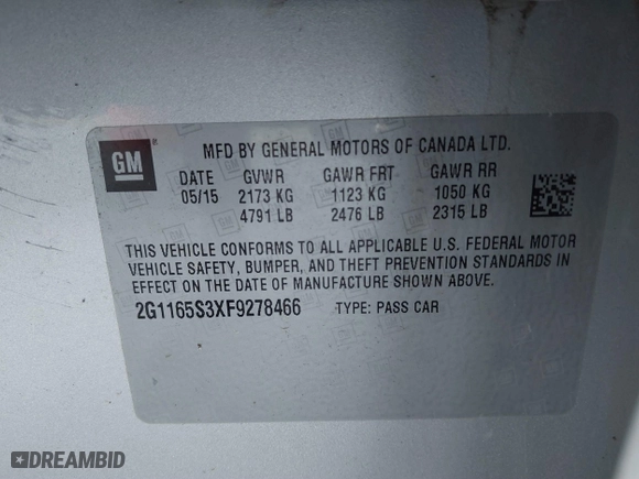 2015 Chevrolet Impala LTZ with VIN 2G1165S3XF9278466, listed as a IAAI auction lot 40669820 with 103,435 mi miles. Bid and sale history available at carsss.com. Image 9.