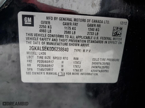2013 GMC Terrain SLE with VIN 2GKALSEK0D6238840, listed as a Copart auction lot 85993004 with 147,717 mi miles and Salvage Title. Bid and sale history available at carsss.com. Image 12.