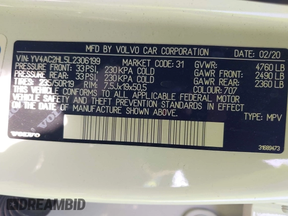 2020 Volvo XC40 Inscription with VIN YV4AC2HL5L2306199, listed as a IAAI auction lot 41687154 with 22,061 mi miles. Bid and sale history available at carsss.com. Image 9.