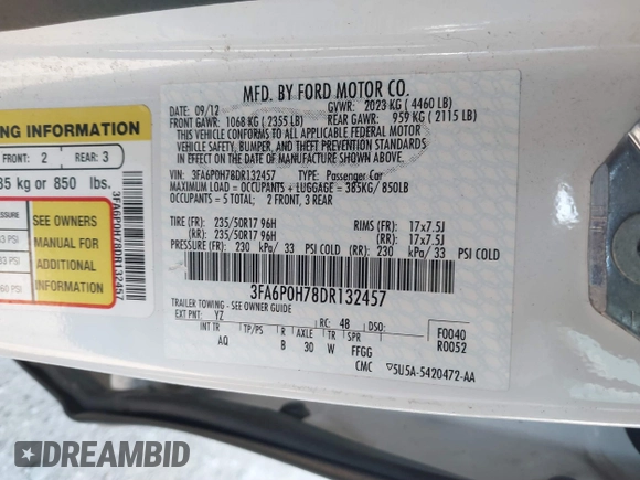 2013 Ford Fusion SE with VIN 3FA6P0H78DR132457, listed as a IAAI auction lot 41381922 with 165,721 mi miles. Bid and sale history available at carsss.com. Image 9.