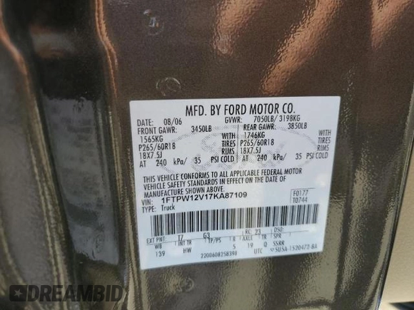 2007 Ford F-150 XLT z VIN 1FTPW12V17KA87109, wystawiony jako Copart lot #58259625 z przebiegiem Nie podano mil oraz Szkoda całkowita • Salvage title. Historia ofert i sprzedaży dostępna na DreamBid. Obrazek 12.