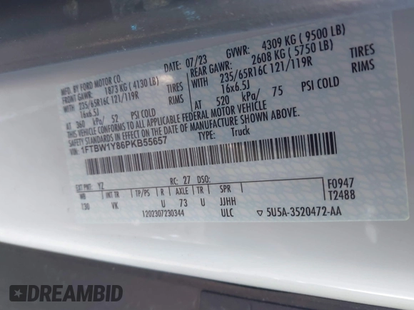 2023 Ford Transit с VIN 1FTBW1Y86PKB55657, выставлен на аукционе IAAI как лот 41329041 с пробегом 39 002 миль миль и . История ставок и продаж доступна на DreamBid. Изображение 9.