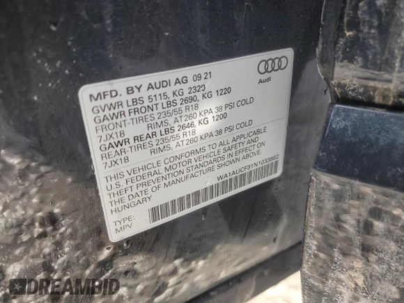 2022 Audi Q3 Premium with VIN WA1AUCF31N1033662, listed as a Copart auction lot 46417015 with 38,647 mi miles and Salvage Title. Bid and sale history available at carsss.com. Image 16.
