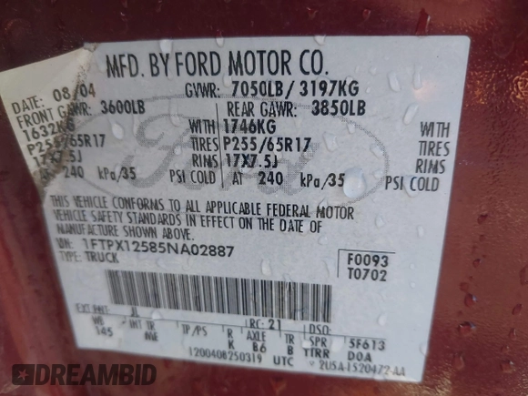 2005 Ford F-150 XLT with VIN 1FTPX12585NA02887, listed as a IAAI auction lot 41353228 with 162,863 mi miles. Bid and sale history available at carsss.com. Image 9.