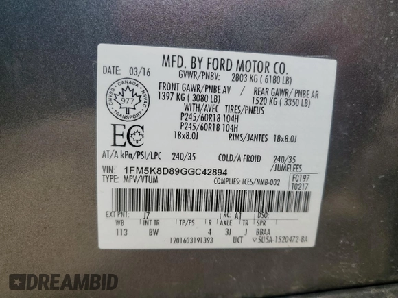 2016 Ford Explorer XLT with VIN 1FM5K8D89GGC42894, listed as a Copart auction lot 54759565 with 230,299 mi miles and Clean Title. Bid and sale history available at DreamBid. Image 13.