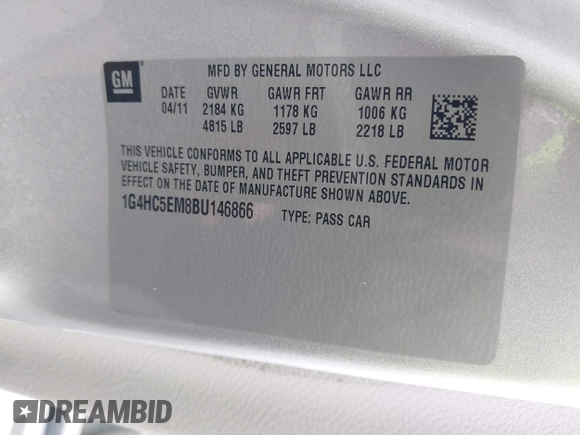 2011 Buick Lucerne CXL with VIN 1G4HC5EM8BU146866, listed as a IAAI auction lot 41793952 with 83,677 mi miles and . Bid and sale history available at carsss.com. Image 9.