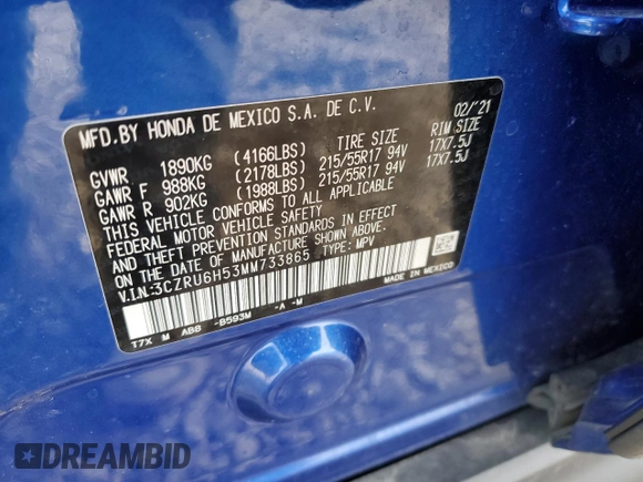 2021 Honda HR-V EX with VIN 3CZRU6H53MM733865, listed as a Copart auction lot 45869125 with 41,680 mi miles and Salvage Title. Bid and sale history available at carsss.com. Image 13.