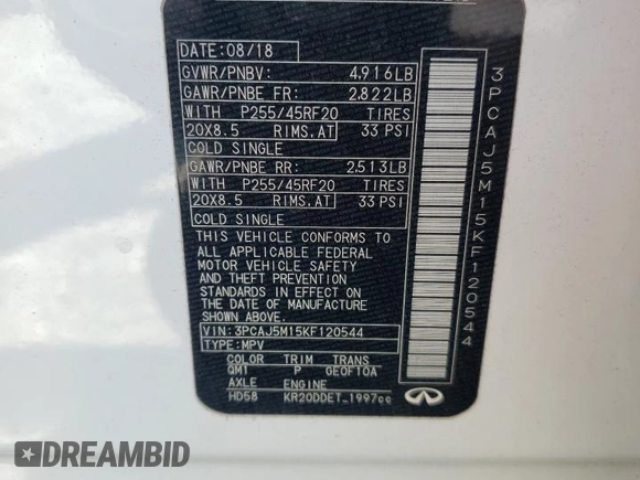 2019 Infiniti QX50 LUXE with VIN 3PCAJ5M15KF120544, listed as a Copart auction lot 52324035 with 55,618 mi miles and Salvage Title. Bid and sale history available at carsss.com. Image 14.