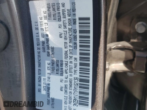 2015 Mazda 3 i Touring with VIN 3MZBM1V71FM182139, listed as a Copart auction lot 61654805 with 113,538 mi miles and Salvage title. Bid and sale history available at DreamBid. Image 12.