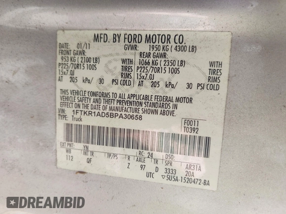 2011 Ford Ranger XL with VIN 1FTKR1AD5BPA30658, listed as a IAAI auction lot 42259179 with Not Provided miles and . Bid and sale history available at DreamBid. Image 9.