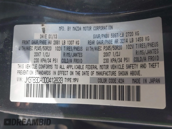 2013 Mazda CX-9 Grand Touring with VIN JM3TB3DA0D0412833, listed as a IAAI auction lot 41876447 with 173,830 mi miles and . Bid and sale history available at carsss.com. Image 9.