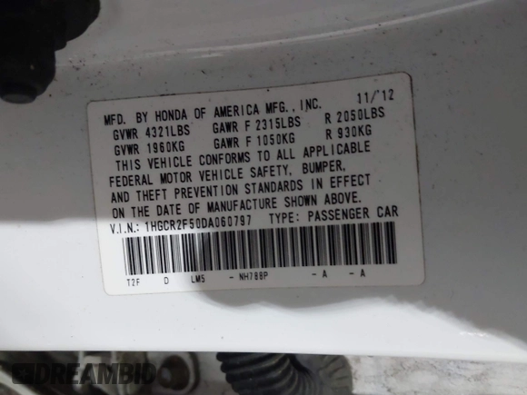 2013 Honda Accord Sport with VIN 1HGCR2F50DA060797, listed as a IAAI auction lot 42102991 with 188,291 mi miles and . Bid and sale history available at DreamBid. Image 9.