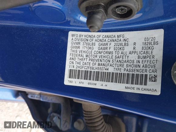 2020 Honda Civic LX with VIN 2HGFC2F69LH550744, listed as a IAAI auction lot 42079594 with 34,724 mi miles and . Bid and sale history available at DreamBid. Image 9.