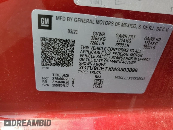 2021 GMC Sierra 1500 Elevation with VIN 3GTU9CETXMG303896, listed as a Copart auction lot 51157655 with 94,474 mi miles and Salvage Title. Bid and sale history available at DreamBid. Image 12.