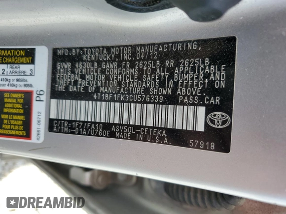 2012 Toyota Camry L with VIN 4T1BF1FK3CU576339, listed as a Copart auction lot 49544875 with 170,705 mi miles and Salvage Title. Bid and sale history available at carsss.com. Image 13.