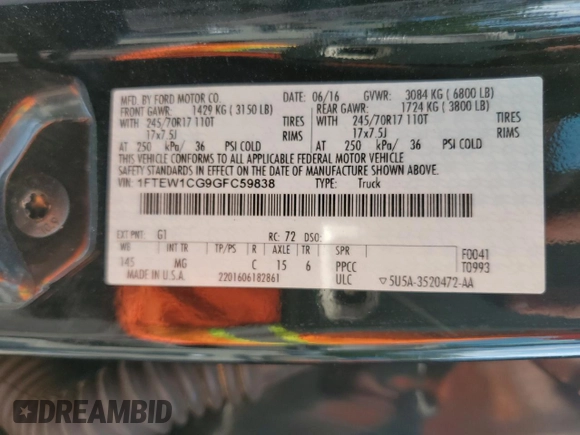 2016 Ford F-150 XL with VIN 1FTEW1CG9GFC59838, listed as a Copart auction lot 56278775 with 233,705 mi miles and Salvage title. Bid and sale history available at DreamBid. Image 12.