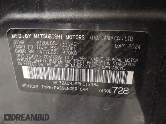 2024 Mitsubishi Mirage ES z VIN ML32AUHJ9RH012384, wystawiony jako IAAI lot #42449442 z przebiegiem 14 460 mil mil oraz . Historia ofert i sprzedaży dostępna na DreamBid. Obrazek 9.