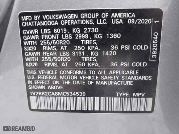 2021 Volkswagen Atlas 3.6L V6 SE w/Technology R-Line with VIN 1V2RR2CA8MC534539, listed as a IAAI auction lot 42085193 with 43,390 mi miles. Bid and sale history available at carsss.com. Image 9.
