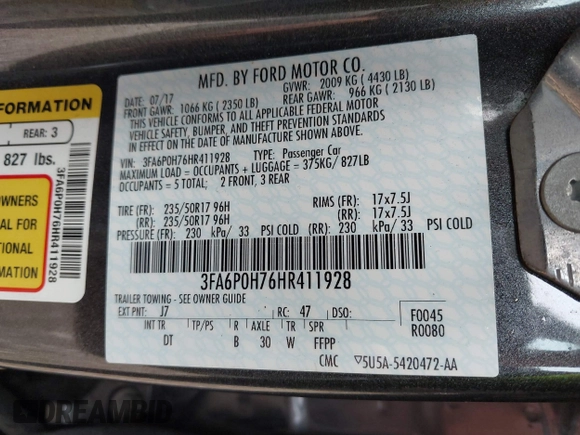 2017 Ford Fusion SE with VIN 3FA6P0H76HR411928, listed as a IAAI auction lot 42124817 with 88,184 mi miles and . Bid and sale history available at DreamBid. Image 9.