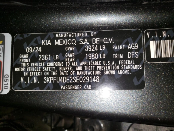 2025 Kia K4 EX with VIN 3KPFU4DE2SE029148, listed as a Copart auction lot 45756585 with 1,951 mi miles and Salvage Title. Bid and sale history available at carsss.com. Image 12.