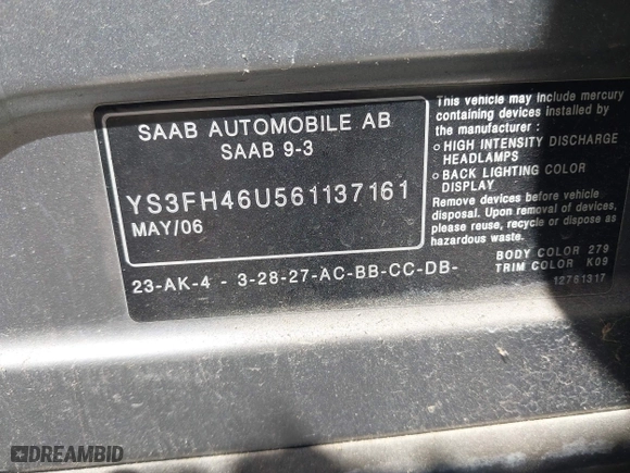 2006 Saab 9-3 Aero with VIN YS3FH46U561137161, listed as a IAAI auction lot 41973943 with 115,475 mi miles. Bid and sale history available at carsss.com. Image 9.