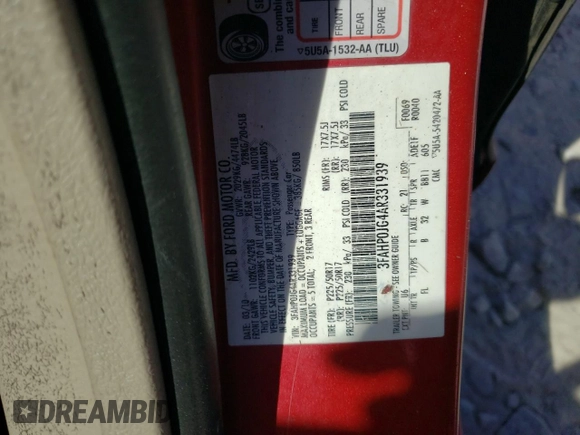 2010 Ford Fusion SEL with VIN 3FAHP0JG4AR331939, listed as a Copart auction lot 50384175 with 227,266 mi miles and Salvage Title. Bid and sale history available at carsss.com. Image 12.