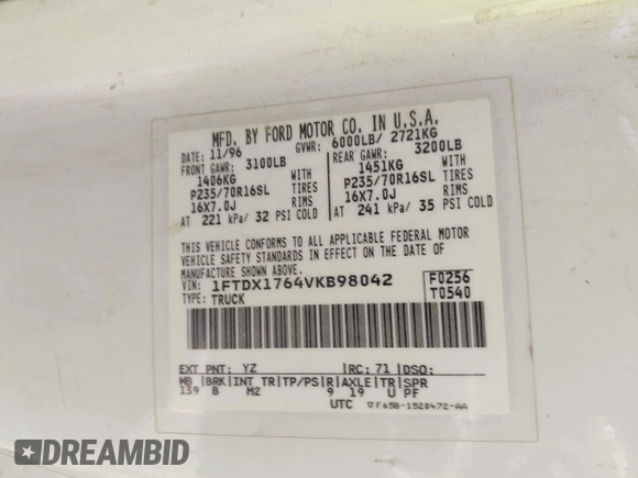 1997 Ford F-150 with VIN 1FTDX1764VKB98042, listed as a IAAI auction lot 42442450 with 203,620 mi miles and . Bid and sale history available at DreamBid. Image 9.