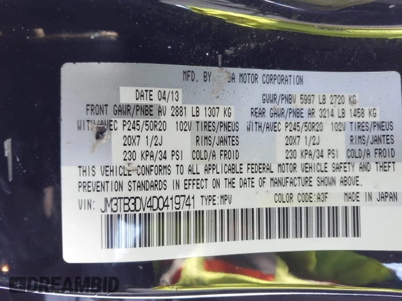 2013 Mazda CX-9 Grand Touring with VIN JM3TB3DV4D0419741, listed as a IAAI auction lot 41504049 with Not Provided miles and . Bid and sale history available at carsss.com. Image 9.