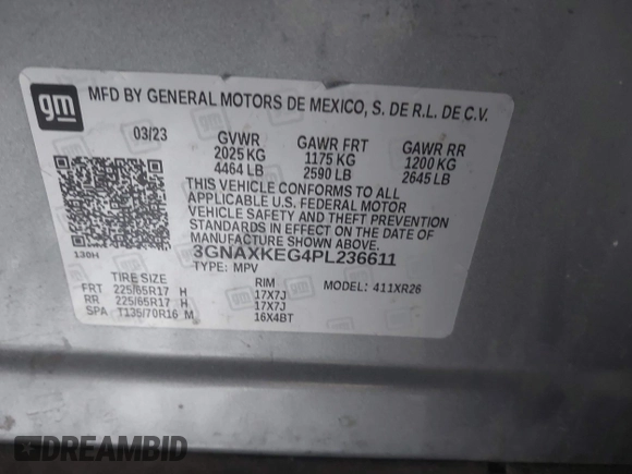 2023 Chevrolet Equinox LT with VIN 3GNAXKEG4PL236611, listed as a IAAI auction lot 41578894 with 48,765 mi miles and . Bid and sale history available at DreamBid. Image 9.