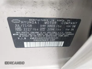 2008 Hyundai Elantra GLS with VIN KMHDU46DX8U556145, listed as a IAAI auction lot 42161188 with 180,322 mi miles and . Bid and sale history available at DreamBid. Image 9.