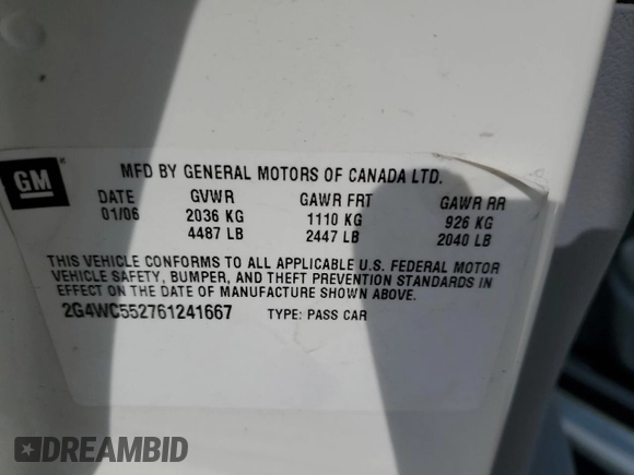 2006 Buick LaCrosse CX with VIN 2G4WC552761241667, listed as a Copart auction lot 51165105 with 153,452 mi miles and Salvage Title. Bid and sale history available at carsss.com. Image 14.