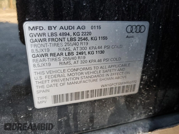 2015 Audi Q3 2.0T Prestige with VIN WA1GFCFS5FR010772, listed as a Copart auction lot 45697865 with 104,705 mi miles and Salvage Title. Bid and sale history available at carsss.com. Image 15.