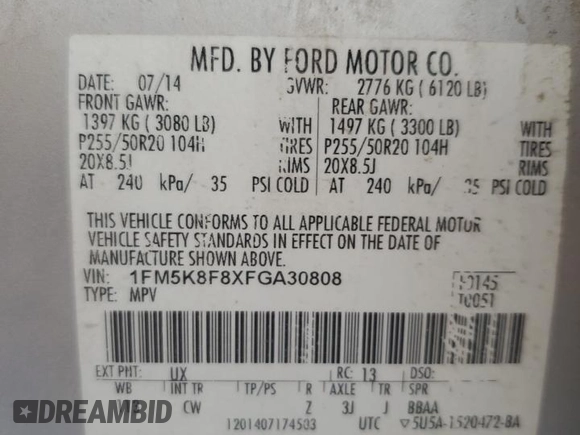 2015 Ford Explorer Limited z VIN 1FM5K8F8XFGA30808, wystawiony jako Copart lot #54839745 z przebiegiem 157 198 mil mil oraz Szkoda całkowita • Salvage title. Historia ofert i sprzedaży dostępna na DreamBid. Obrazek 13.