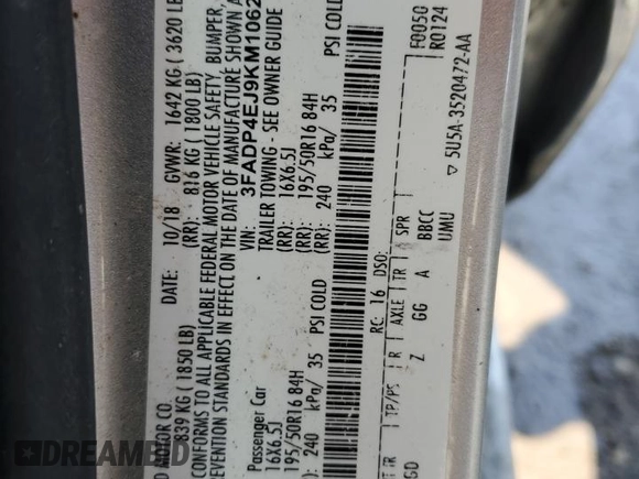 2019 Ford Fiesta SE with VIN 3FADP4EJ9KM106216, listed as a Copart auction lot 45117875 with 87,214 mi miles and Salvage Title. Bid and sale history available at DreamBid. Image 14.