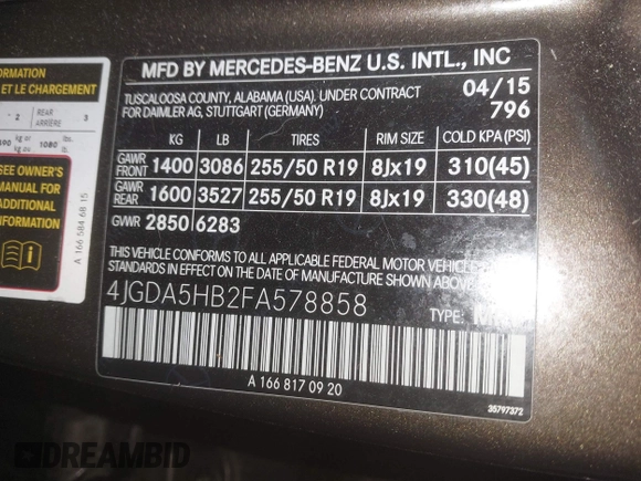 2015 Mercedes-Benz M 350 with VIN 4JGDA5HB2FA578858, listed as a IAAI auction lot 42220126 with 136,554 mi miles and . Bid and sale history available at DreamBid. Image 9.